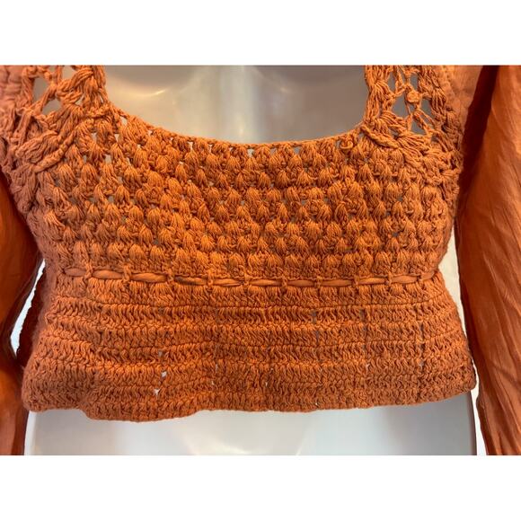 NWT Free People Open Weave Back Crochet Top Coral Sand Balloon Sleeve XS $128 - Picture 6 of 9